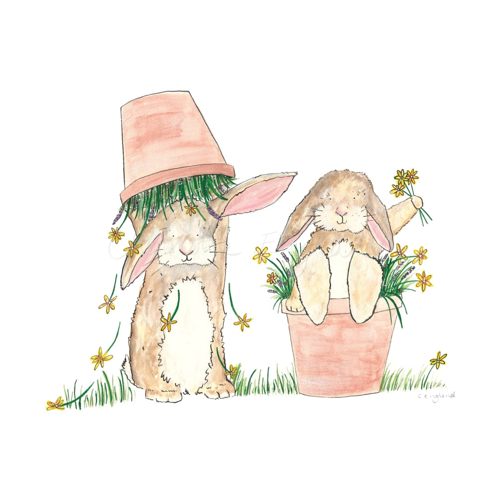 Flower Pot Bunnies A4 Print