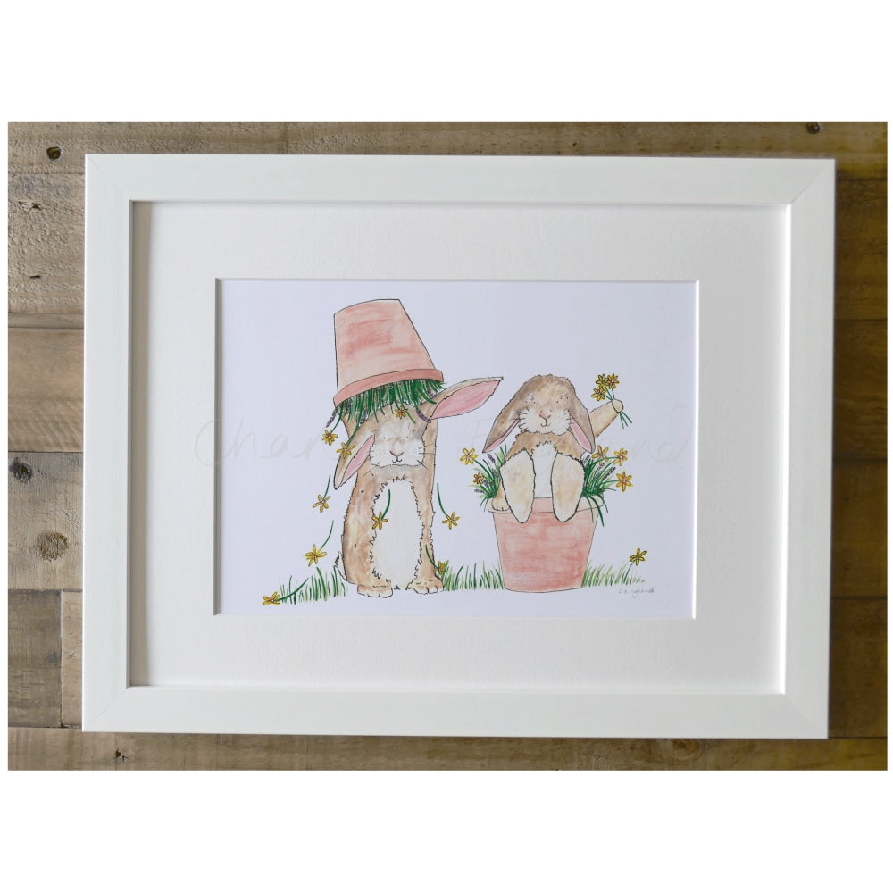 Flower Pot Bunnies Framed A4 Print